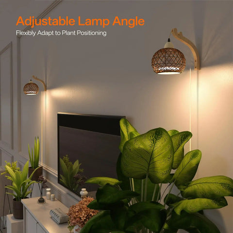 Go-To Rattan Hanging Grow Light For Indoor Plant Parents, 3800K Warm White, adjustable lamp with plants in a cozy setting.