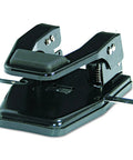 Bulletproof Two Hole Paper Punch With Adjustable Paper Guide And Lock Down Padded Handle Heavy Duty Steel Base top view showing punch mechanism.