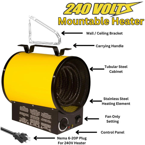 Heavy Duty 240V Electric Forced Air Heater For Garage And Workshop With Wall Or Ceiling Mount Overheat Protection Adjustable Turbo Fan