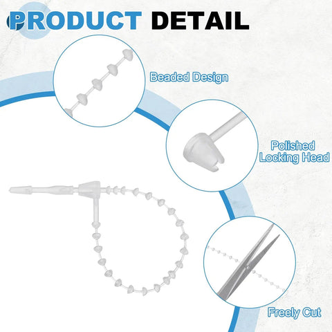 2000 Pcs Clear Beaded Loop Tie Fasteners, 3 Inch Adjustable Snap Lock Security Tags For Retail Price Labels, showing beaded design and polished locking head.