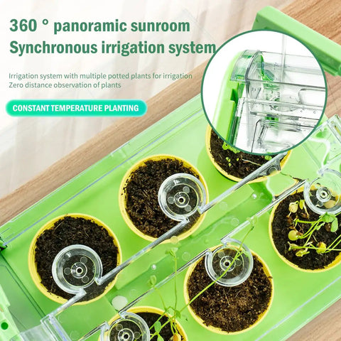 Kids Plant Growing Kit With Indoor Greenhouse And Hydroponic System showing potted plants with irrigation system and tools.