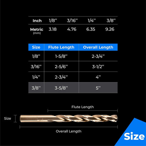amoolo 3/8 inch cobalt drill bit set, 5 pcs, M35 HSS for hard metal; side view with size chart