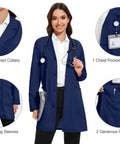 Women's Professional Lab Coat With 4 Button Front Long Sleeve Medical Coat With Three Pockets Navy Blue Sizes XS To XXL Premium 80 Percent 20 Percent Polyester Rayon Blend For Breathable Durable Comfort On Long Shifts.