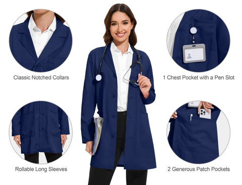 Women's Professional Lab Coat With 4 Button Front Long Sleeve Medical Coat With Three Pockets Navy Blue Sizes XS To XXL Premium 80 Percent 20 Percent Polyester Rayon Blend For Breathable Durable Comfort On Long Shifts.