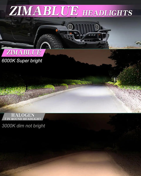 7 Inch LED Headlights With Pink Purple Halo Ring on Jeep, high brightness compared to traditional halogen lights on road