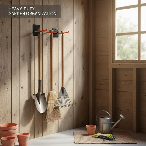 Heavy Duty Iron Tool Rack For Garage Organization, Vertical Wall Mount Storage, holds shovel, broom, rake, orange finish