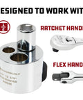 Pro Grade Stud Extractor Tool For Removing Broken Or Seized Studs And Damaged Bolts From One Quarter To Three Quarters Inch With Cam Action Grip And Self Adjusting Knurled Roller For Auto Shop And DIY Mechanics with compatible ratchet and flex handle.