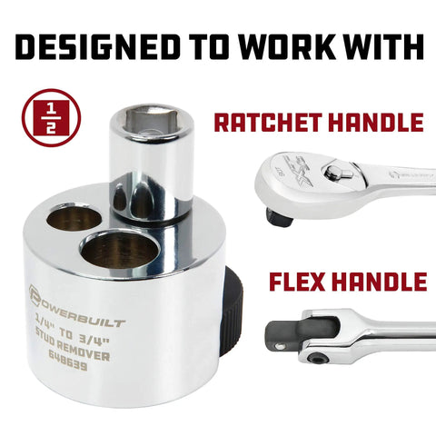 Pro Grade Stud Extractor Tool For Removing Broken Or Seized Studs And Damaged Bolts From One Quarter To Three Quarters Inch With Cam Action Grip And Self Adjusting Knurled Roller For Auto Shop And DIY Mechanics with compatible ratchet and flex handle.