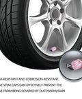 Pink Bling Valve Stem Caps With Sparkling Rhinestones on car wheel, chrome look, dustproof design for car bike motorcycle accessories.