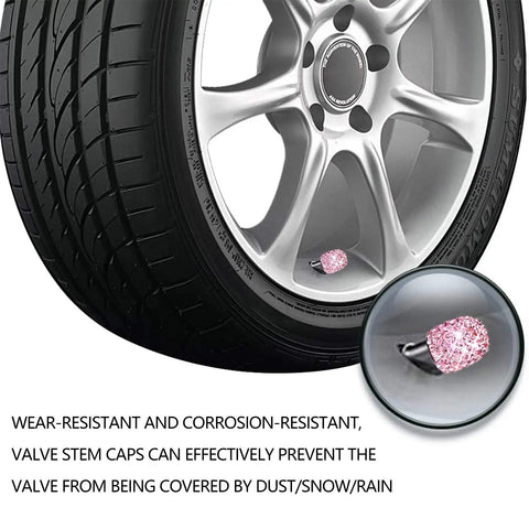 Pink Bling Valve Stem Caps With Sparkling Rhinestones on car wheel, chrome look, dustproof design for car bike motorcycle accessories.