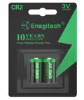 Solid As A Rock Cr2 Lithium Batteries 3V Non Rechargeable Cells Delivering Decade Long Reliable Juice Perfect For Rangefinders Nest Thermostats Smart Switches And Instant Fuji Cameras Two Pack Setup in battery packaging.