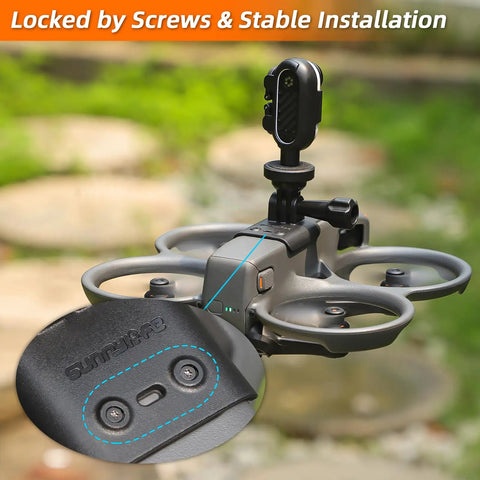 Expansion Bracket for Avata 2 FPV Drone With Grab-And-Go Grip Ready Camera Mount and Strobe Light Mount displayed on drone