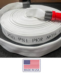 Portable Home Wildfire Protection Pump And Hose System For Backyard Pool with rolled white fire hose and nozzles
