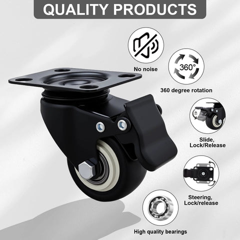2 Inch Caster Wheels Set Of 16 Heavy Duty Casters With Brakes And Locking Polyurethane Wheels For Furniture And Workbenches 360 Degree Swivel Silent Operation Load Capacity 800 Lbs, shown with brake and locking mechanism.