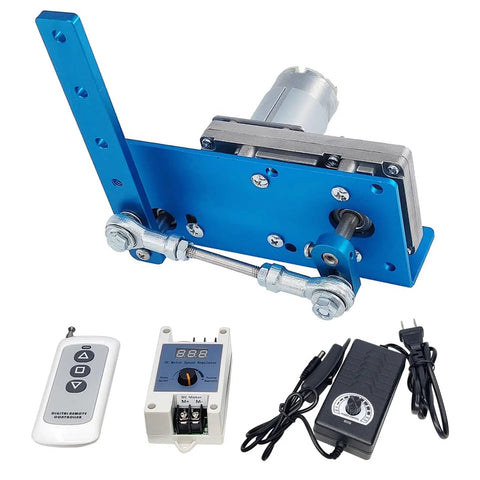 DIY Reciprocating Swing Motor For Makers And DIY Folks With Adjustable Swing From 20 To 120 Degrees 90 RPM Speed Regulator And Remote Control 24V Output 100 Meter Remote Range Aluminum Body shown with components