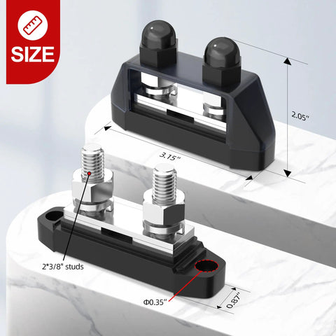 Straight Up Heavy Duty 250A Power Distribution Block 12V DC Bus Bar with dual 2*3/8 inch stainless steel studs and dimensions.