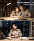 LED Desk Lamp With Eye Care Diffused Light, 3 Color Temperatures And 10 Brightness Levels, shining over home office desk
