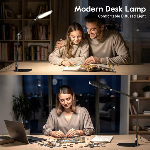 LED Desk Lamp With Eye Care Diffused Light, 3 Color Temperatures And 10 Brightness Levels, shining over home office desk