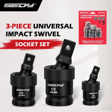 Flexible Universal Joint Socket Swivel Set Three Piece One Half Inch One Quarter Inch Three Eighth Inch Premium CR MO Steel Wobble Adapters With Black Coating for heavy-duty tasks.