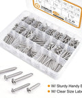 510 Piece Stainless Steel Wood Screws Kit With 18 Sizes For Everyday DIY Projects, Phillips Pan Head Self Tapping Coarse Thread Screws, 304 Stainless For Indoor And Outdoor Use, Lengths From Three Eighths Of An Inch To One And A Half Inches shown in a labeled storage box.