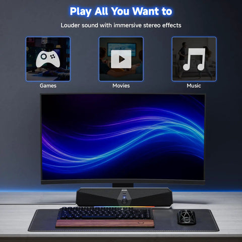 CS30 Bluetooth Desktop Speakers With USB Plug And Play for PC, gaming setup with monitor, keyboard, and soundbar.