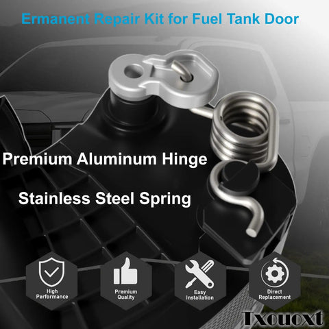 Chevy Silverado And GMC Sierra Fuel Door Hinge Kit With Gas Door Spring Aluminum Replacement close-up of hinge and spring