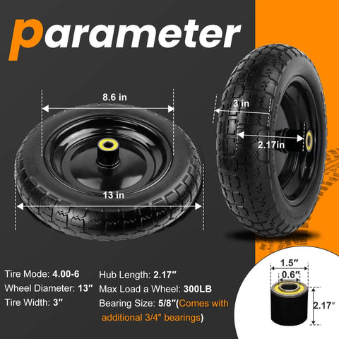 Thirteen Inch Flat Free Wheels Replacement for Garden Carts and Hand Trucks Four Point Zero Zero To Six Solid Tires With Five Eighth Inch Bearings specifications