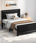 Stylish Twin Bed Frame With Rustic Wood Headboard, Heavy Duty Metal Platform Base Gives Dream Sleep Vibes, Smart 10.5 In Under Bed Storage Clearance, Skip The Box Spring For Chill Zero Hassle Assembly, Black Bedroom Upgrade in modern bedroom setting.