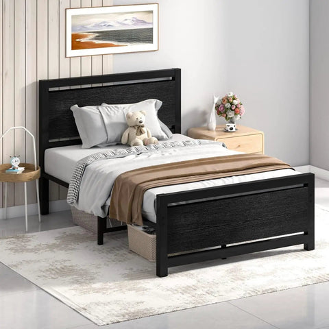 Stylish Twin Bed Frame With Rustic Wood Headboard, Heavy Duty Metal Platform Base Gives Dream Sleep Vibes, Smart 10.5 In Under Bed Storage Clearance, Skip The Box Spring For Chill Zero Hassle Assembly, Black Bedroom Upgrade in modern bedroom setting.