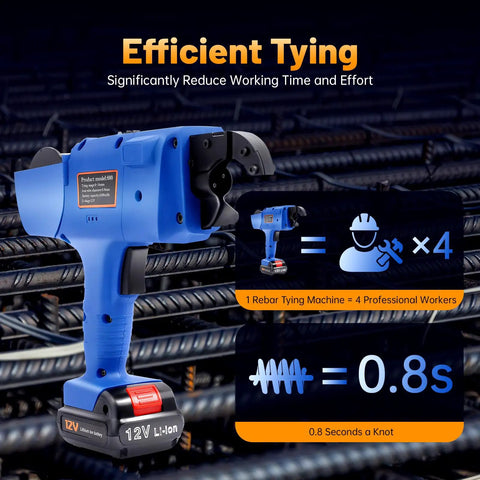 Heavy-Duty Automatic Rebar Tying Machine 8-34mm Rechargeable Electric Steel Rod Binding Gun with blue design and rechargeable battery.