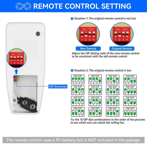 Universal Ceiling Fan Remote Control Replacement With 3 Speed And Light Dimmer Includes 4 Dip Switch Wall Holder adjustment guide