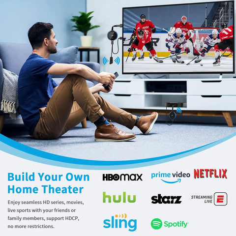 Man using HDMI Wireless Transmitter and Receiver 4K Extender No Lag for Laptop PS5 TV Box Blu Ray DVD to Monitor Projector HDTV