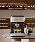 Kick Your Daily Coffee Grind Up With This Pro Stainless Steel Espresso Machine Slingin Bold Shots At 20 Bar Pressure For Rich Crema And Creamy Cappuccinos Using A Smart Dual Filter Setup control panel with buttons on espresso machine.