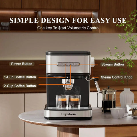 Kick Your Daily Coffee Grind Up With This Pro Stainless Steel Espresso Machine Slingin Bold Shots At 20 Bar Pressure For Rich Crema And Creamy Cappuccinos Using A Smart Dual Filter Setup control panel with buttons on espresso machine.