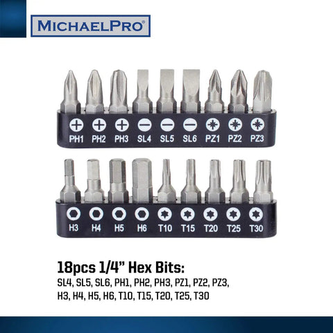 Forty Piece Three Eighths Inch Drive Two Way Quick Swivel T Handle Wrench Set With Sockets Hex Bits Adapters And T Bar Wrench Built For DIYers And Weekend Warriors In The Home Garage And Shop hex bits close-up