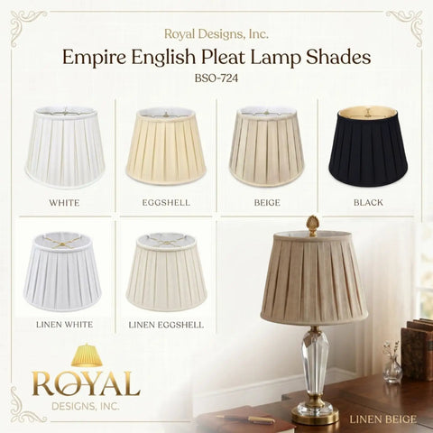 Collection of Empire Style Pleat Lamp Shades in various colors including Linen White, shown on table lamp.