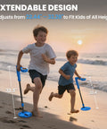 Front view of two kids running on a beach with blue DR.ÖTEK kids metal detectors, extendable shafts and LED-lit coils.
