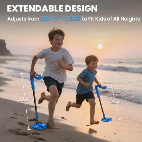 Front view of two kids running on a beach with blue DR.ÖTEK kids metal detectors, extendable shafts and LED-lit coils.