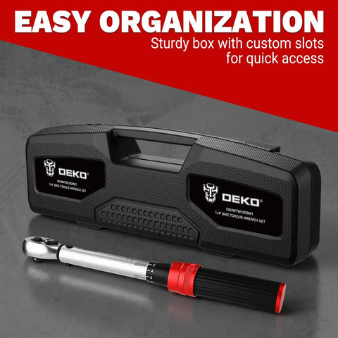 Pro Grade 26 Piece Bike Torque Wrench Set With One Quarter Inch Drive For Mountain Bikes, 20 To 200 InLb Range, 2.3 To 22.2 Nm, 72 Tooth Dual Direction Adjustable, Includes Bits Sockets Extension Bar And Universal Joint. Portable case and 1/4-inch torque wrench