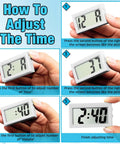 Instructions for adjusting time on Dope Mini Digital Clock For Car Dashboard And Fridge Battery Operated Self Adhesive Stick On Clock