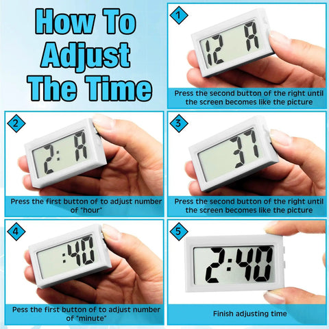 Instructions for adjusting time on Dope Mini Digital Clock For Car Dashboard And Fridge Battery Operated Self Adhesive Stick On Clock