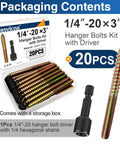 20 Pack Of 1/4-20 By 3 Inch Hanger Bolts In Rugged Carbon Steel Offer Rock Solid Connections When Screwing Into Wood, Perfect For Building Heavy Duty Furniture, Securing Deck Rails, Or Knocking Out Diy Woodworking Tasks With Ease. Kit includes bolts and driver.