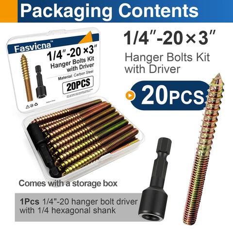 20 Pack Of 1/4-20 By 3 Inch Hanger Bolts In Rugged Carbon Steel Offer Rock Solid Connections When Screwing Into Wood, Perfect For Building Heavy Duty Furniture, Securing Deck Rails, Or Knocking Out Diy Woodworking Tasks With Ease. Kit includes bolts and driver.