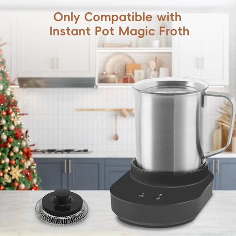 Replacement Whisks For Magic Froth 9 In 1 Electric Milk Steamer And Frother Duo Pack With Neodymium Magnets Compatible With Instant Pot Only Not For Other Brands, stainless steel whisk shown with frother on kitchen counter.