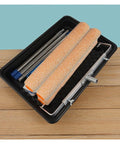 Pro Grade 18 Inch Paint Roller Brush Kit Comes With 3 Lint Free Sleeves and extension rods in a paint tray for wall finishing.