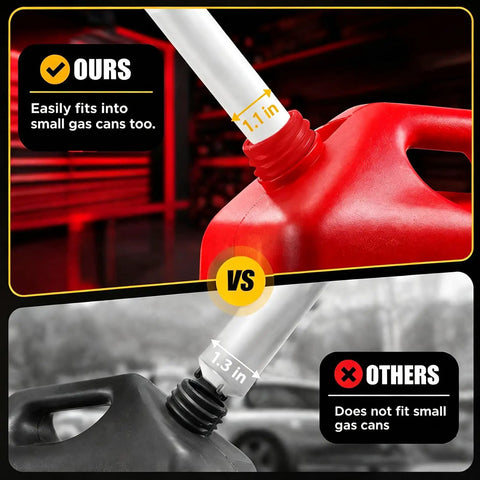 Comparison of gasoline transfer pump nozzle sizes; 1.1 in fitting for small cans vs. 1.3 in for others. Heavy Duty Portable Cordless Gasoline Transfer Pump With A Rapid Four Gallons Per Minute Flow Compatible With Popular Power Tool Batteries For No Sweat Outdoor Refueling.