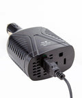 Keep Your Rig Fully Loaded With This 75w Portable Car Power Inverter Transforming 12v Dc To 110v Ac Plus A Sweet Usb Charging Port For Plug And Go Camping Tailgating And Road Trips, showing rear view with 12V input and AC outlet.