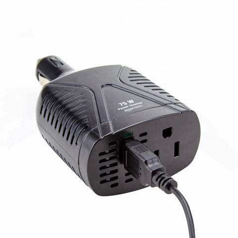 Keep Your Rig Fully Loaded With This 75w Portable Car Power Inverter Transforming 12v Dc To 110v Ac Plus A Sweet Usb Charging Port For Plug And Go Camping Tailgating And Road Trips, showing rear view with 12V input and AC outlet.