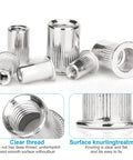 Top Shelf Heavy Duty 1/4 Inch 20 Thread Rivet Nuts, 100 Piece 304 Stainless Steel Flat Head Nutserts close-up with clear threads and knurling.