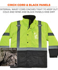 High Visibility Reflective Winter Safety Jacket Insulated Parka ANSI Compliant Lime GloWear 8384 with cinch cord detail.